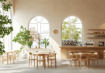Modern minimalist-style cafe interior design with light wood and white colors․