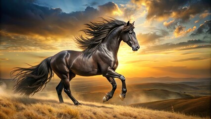 Majestic black stallion with flowing mane standing regally in golden light on sweeping vistas