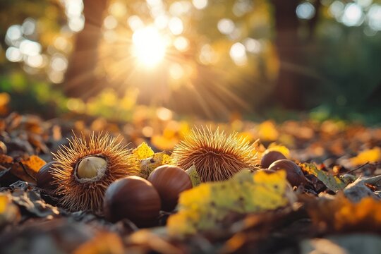 Casta&ntilde;as frescas en su erizo sobre hojas ca&iacute;das en un bosque oto&ntilde;al con luz solar al atardecer