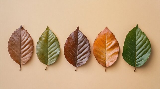 Cinco hojas de &aacute;rbol en diferentes etapas de cambio de color, ordenadas en fila sobre fondo beige