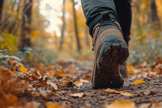 Primer plano de una bota de senderismo en un camino forestal cubierto de hojas de oto&ntilde;o