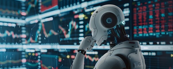 Futuristic Robot Trading in Market with Glitch Effects and Manipulation
