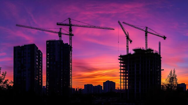 Silhouetted cranes against a vibrant sunset, showcasing urban construction activity.