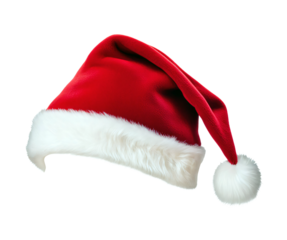 Santa Claus Christmas hat with white pompom isolated on a transparent background, Santa claus costume accessory, Festive red Christmas cap for holiday celebration, winter party wear