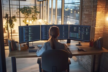 Office Worker Setting Up Ergonomic Dual Monitor Workstation for Productivity