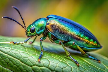 Fototapeta premium A close-up of a metallic blue and green iridescent draw beetle, also known as a jewel beetle, on a leaf with soft focus background.