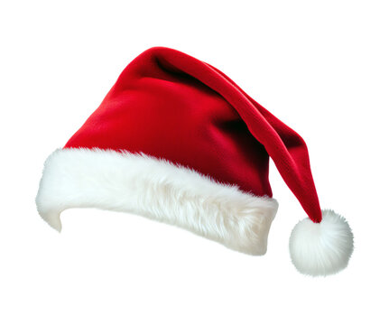 Santa Claus Christmas hat with white pompom isolated on a transparent background, Santa claus costume accessory, Festive red Christmas cap for holiday celebration, winter party wear