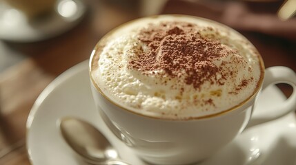 Obraz premium Design a close-up of a cappuccino with a beautifully frothy top and a sprinkle of cocoa powder.