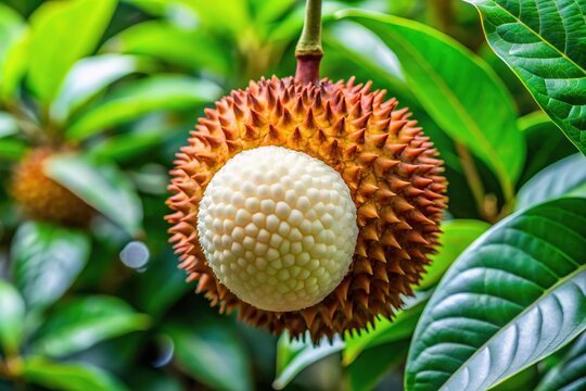 A close-up of the Pangium Edule fruit, also known as the Pengat, with its brown skin and white pulp, surrounded by lush green leaves.