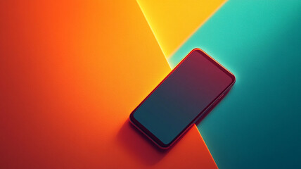 A modern smartphone rests on a vibrant colored background with contrasting hues representing creativity and technology