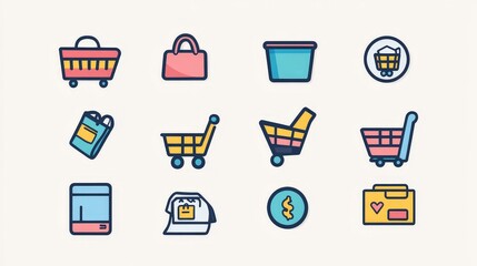 Design a collection of shopping icons, featuring symbols for cart, wishlist, payment, and sale.