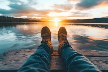 Peaceful Solo Traveler Sitting on Pier Feet Dangling Above Tranquil Lake at Sunset