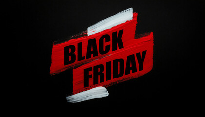 Black Friday concept Bold text title on vibrant red and white brush stroke ink hand painted isolated on black background, promotions advertising badge banner sale.