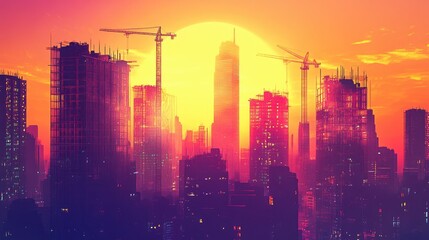 Fototapeta premium A vibrant sunset silhouettes a city skyline under construction, blending colors and shapes.