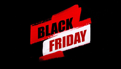 Black Friday concept Bold text title on vibrant red and white brush stroke ink hand painted isolated on black background, promotions advertising badge banner sale.