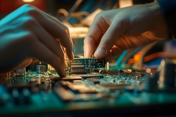 Fototapeta premium Close Up of Worker Assembling Electronic Components on Circuit Board in Industrial Manufacturing