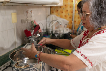 Mexican grandmother stewing the chopped onion in the ground beef stew to prepare the chiles en...