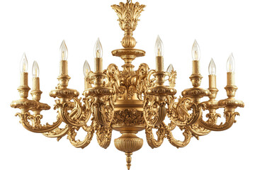 A large, ornate, gold chandelier with multiple candle-style bulbs, hanging against a white transparent background.