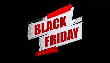 Black Friday concept Bold text title on vibrant red and white brush stroke ink hand painted isolated on black background, promotions advertising badge banner sale.