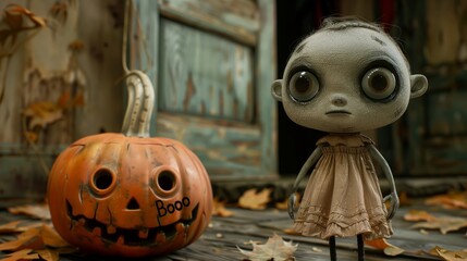 A Whimsical Scene of a Child and Pumpkin in Fall Atmosphere