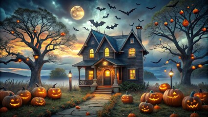 Enchanting Halloween house with jack o lanterns and bats in a charming scene