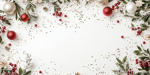 Silver Bells & Festive Cheer: Christmas frame with ornaments, greenery, and shimmering snow on a white background, evoking the warmth and magic of the holidays. 