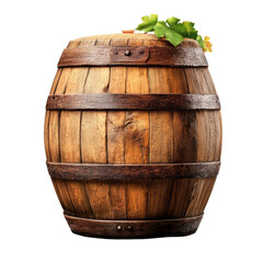 Obraz premium A rustic wooden barrel adorned with lush green leaves, perfect for showcasing nature and vintage aesthetics.