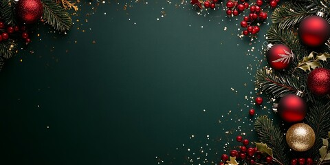 Christmas Cheer on Emerald Green: A festive frame of red and gold ornaments, pine branches, and sparkling confetti awaits your holiday message on a luxurious green backdrop.