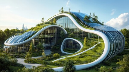 Fototapeta premium Design a futuristic building with innovative design elements such as a curved glass exterior, green rooftops, and integrated solar panels
