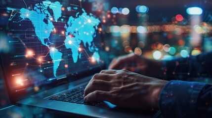 Global Connectivity: A Person's Hands Typing on a Laptop With a World Map Displayed on the Screen.