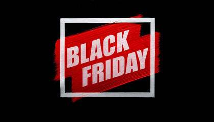 Black Friday concept text title with skewed vibrant red brushstroke, white square frame, isolated black background, poster promotions advertising badge banner sale.