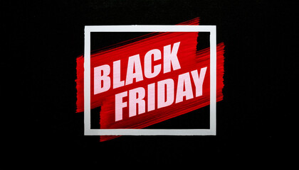Black Friday concept text title with skewed vibrant red brushstroke, white square frame, isolated black background, poster promotions advertising badge banner sale.