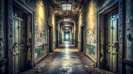 A spooky and eerie abandoned hallway with closed doors, evoking a sense of desolation and isolation