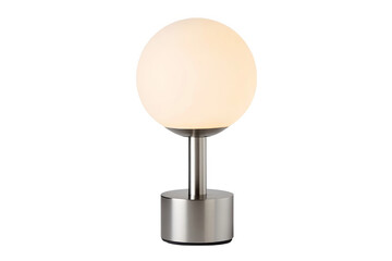 Modern table lamp with a white spherical shade and a silver base.