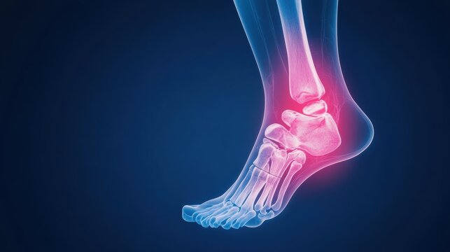 Medical illustration of a broken ankle in X-ray view, highlighting pain points and bone alignment