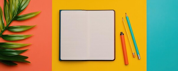 Blank notebook mockup with a hardcover, lying on a colorful background with complementary stationery items, blank notebook mockup, vibrant design