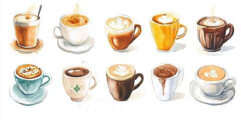 Watercolor Coffee Collection: A delightful assortment of coffee beverages, from classic lattes to iced coffees,  illustrated in a vibrant watercolor style. 