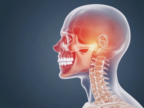Medical illustration of temporomandibular joint (TMJ) pain, X-ray view with highlighted inflammation