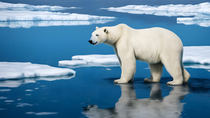 Fototapeta premium A polar bear standing on ice in the Arctic Ocean, with its reflection visible in the water below. AI