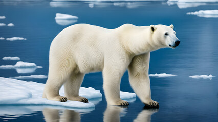 Fototapeta premium A polar bear standing on ice in the Arctic Ocean, with its reflection visible in the water below. AI
