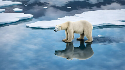A polar bear standing on ice in the Arctic Ocean, with its reflection visible in the water below. AI