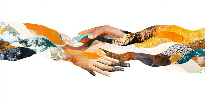 Naklejki Collage of Hands Reaching Towards Each Other: A vibrant and abstract collage of hands reaching towards each other, symbolizing unity, connection, and shared humanity. The intricate design