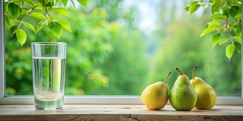 Glass of liquid on window sill next to pears with tree backdrop