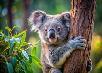 Obraz premium A cuddly koala clings to a eucalyptus tree trunk, its soft fur and gentle gaze radiating serenity and tranquility in a lush Australian forest setting.