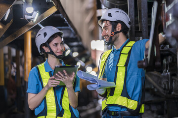 Engineer checking construction process railway and checking work on railroad station . Railway...