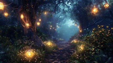 Obraz premium Enchanting Forest Path with Lanterns at Night
