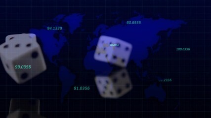 World map with numbers and dice rolling animation over blue grid background - Powered by Adobe