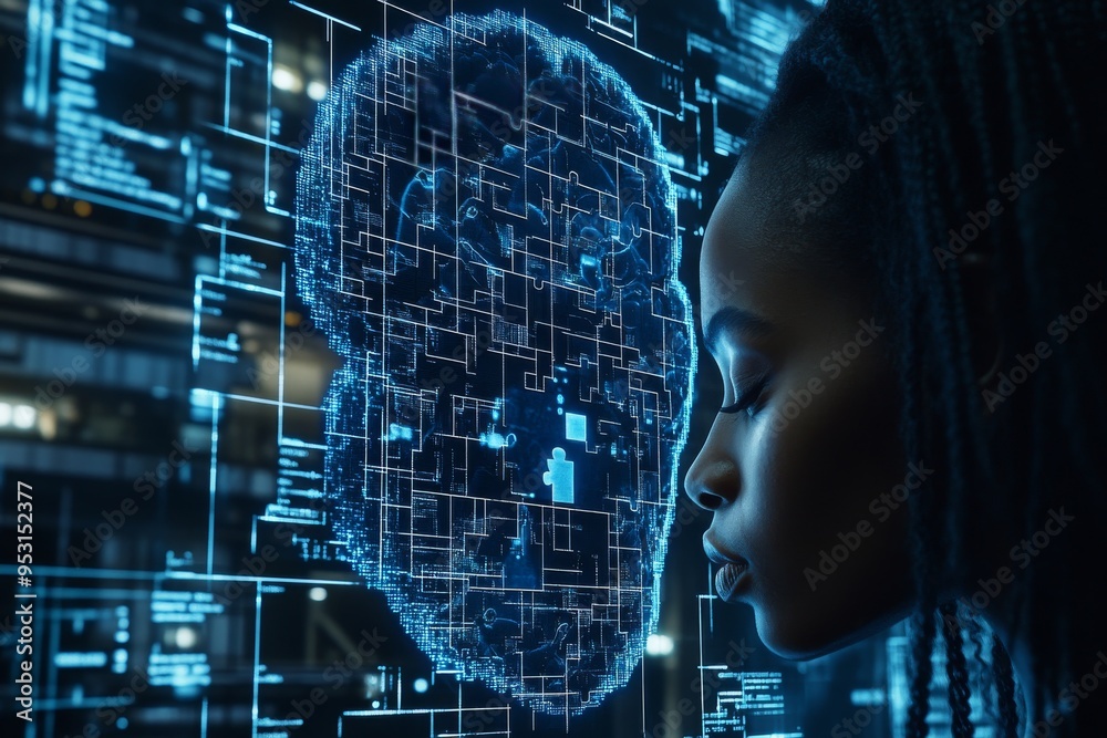 Wall mural Reasoning Romance Futuristic digital art of a human profile with glowing blue neural networks symbolizing the integration of technology artificial intelligence and the future of human cognition