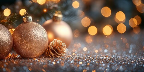 Golden Glow of Christmas: Warm-toned ornaments sparkle on a bed of glittering snow, capturing the magic of the holiday season. 