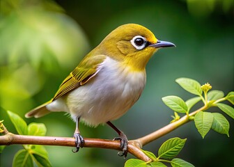 Obraz premium A delicate Japanese white-eye bird perches on a slender branch, showcasing its striking white eye ring and subtle brown plumage amidst lush green foliage surroundings.